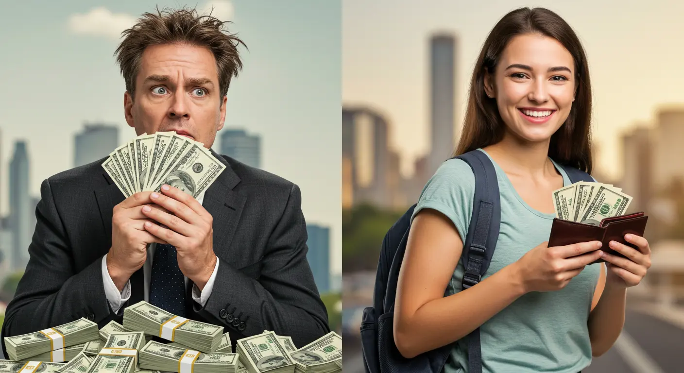 Pessoa com muito dinheiro mas confusa e outra com menos e feliz